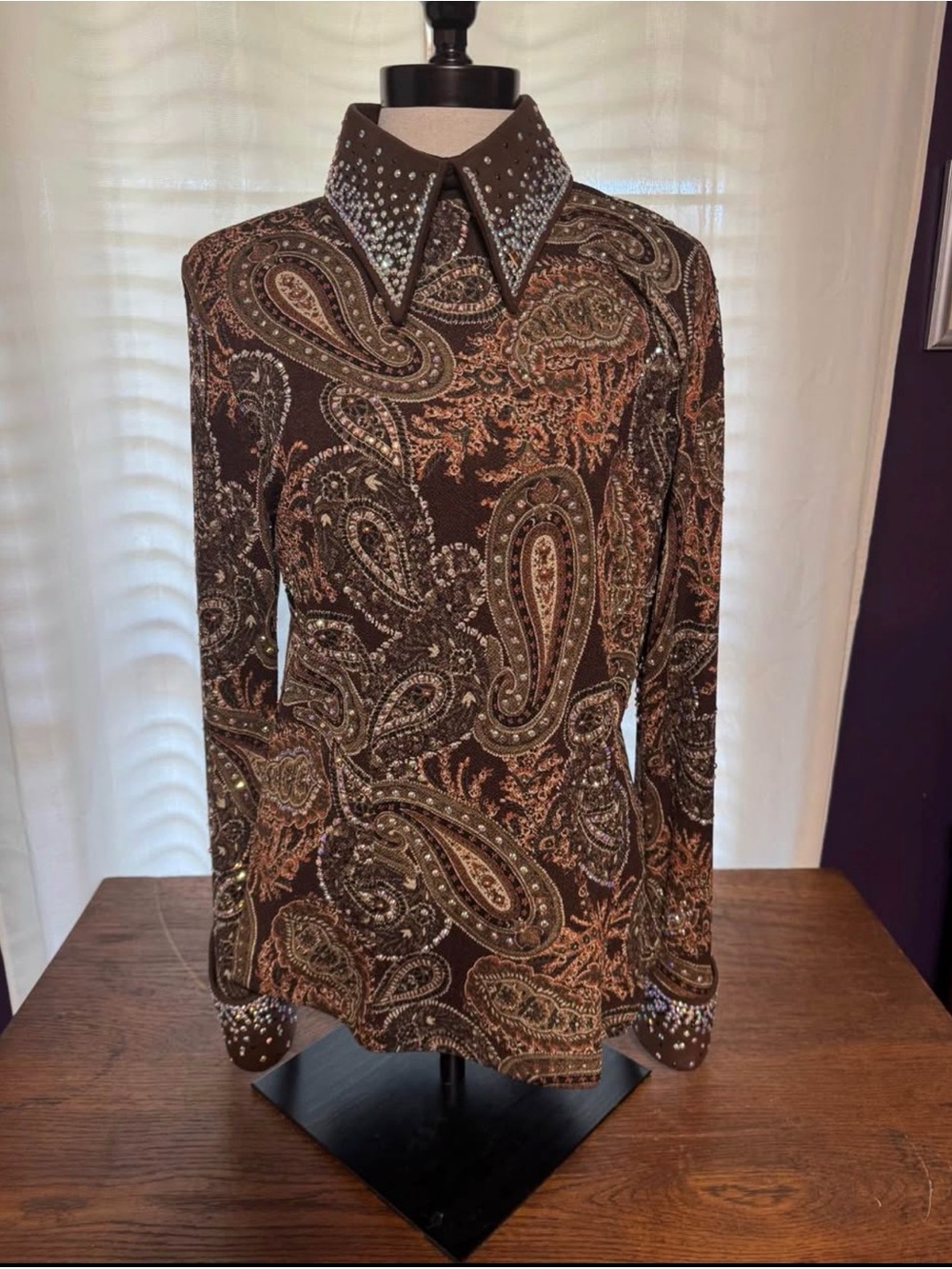 Embellished Paisley Long-Sleeve Blouse in Brown